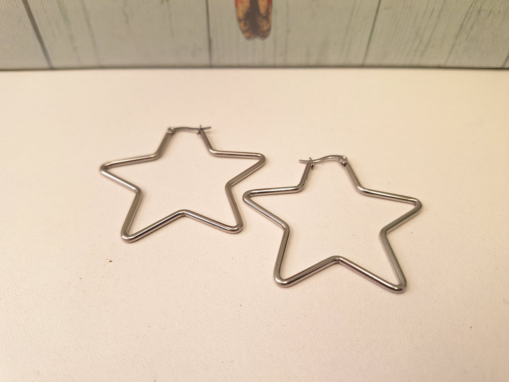 Oversized Stainless Steel 201 Hypoallergenic Star Hoops, Large Silver Hoop