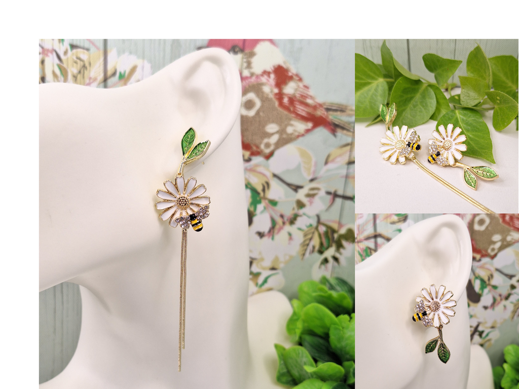 Daisy and Bee Enamel Asymmetric Earrings with Long Tassel