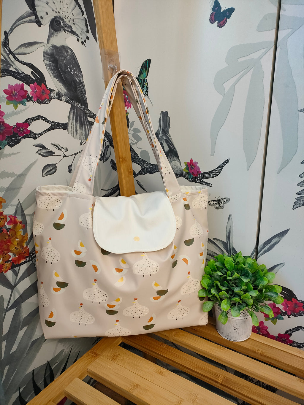 Chicken and Egg Shower Resistant Tote Bag with Inside Pocket, Fully Lined with Shoulder Strap, Everyday Shopping tote Bag, Gift for Chicken Lovers.