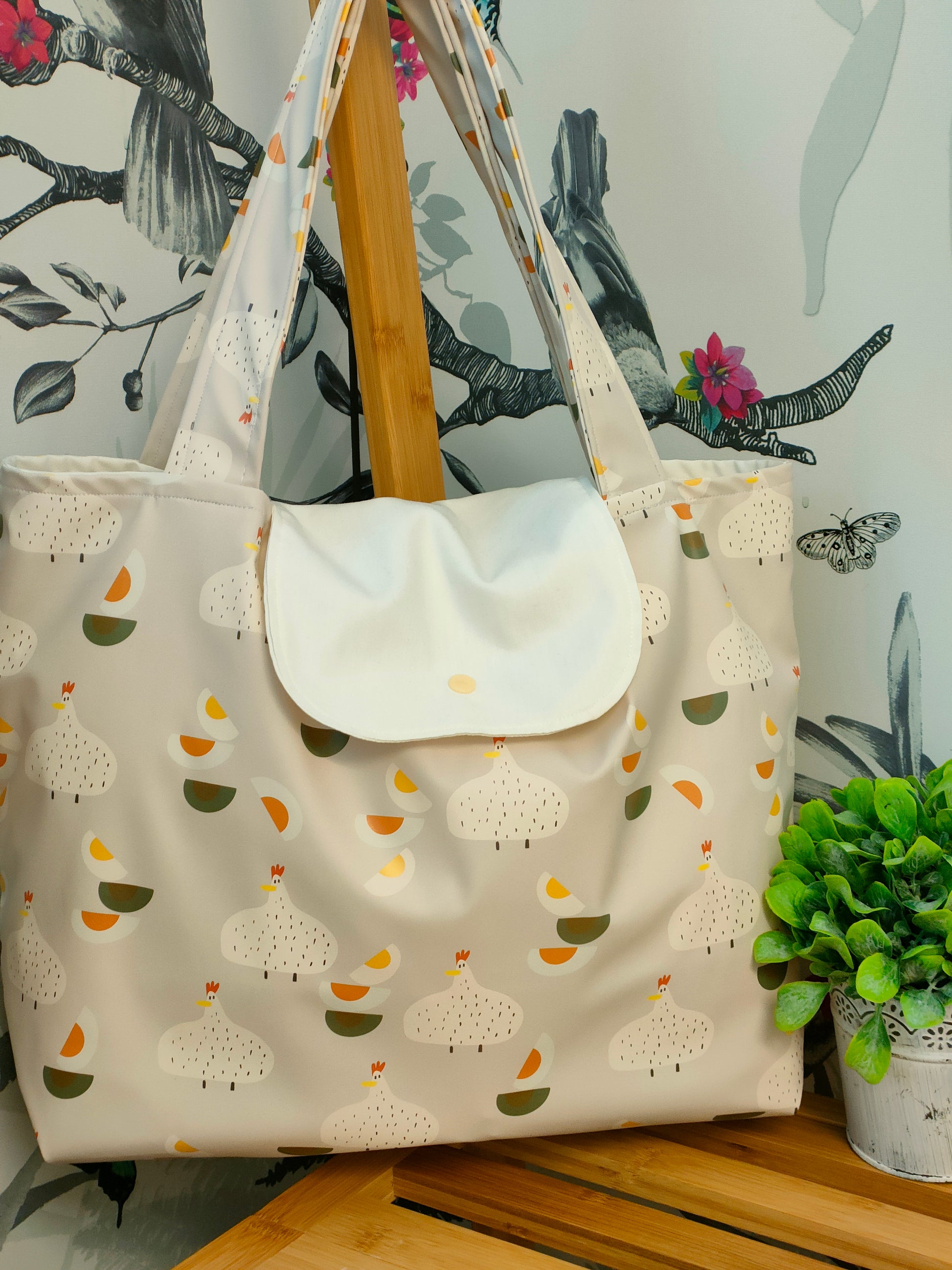 Chicken and Egg Shower Resistant Tote Bag with Inside Pocket, Fully Lined with Shoulder Strap, Everyday Shopping tote Bag, Gift for Chicken Lovers.
