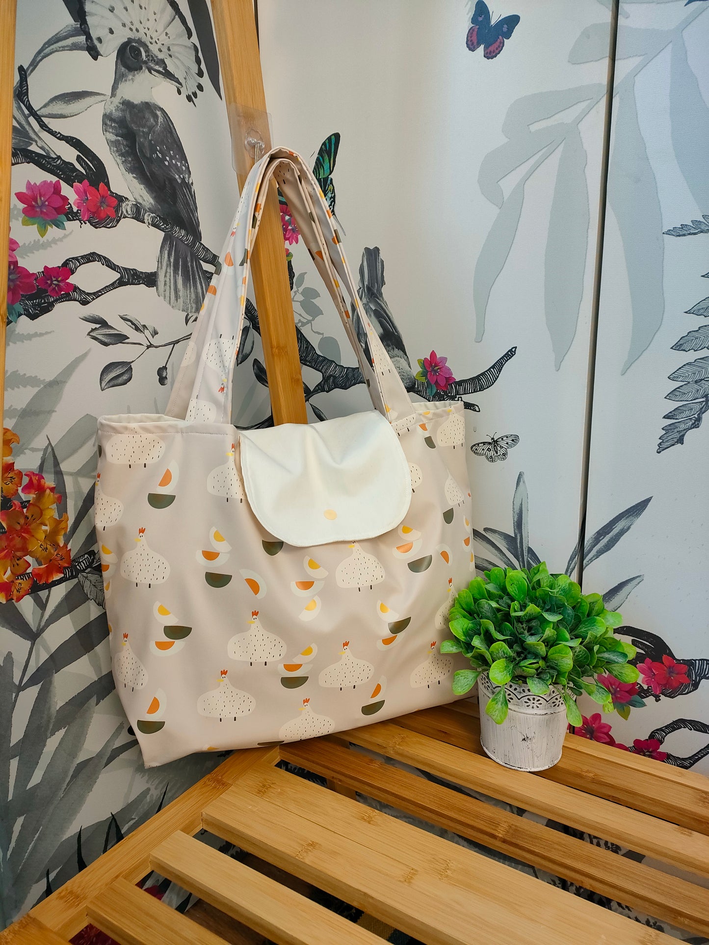 Chicken and Egg Shower Resistant Tote Bag with Inside Pocket, Fully Lined with Shoulder Strap, Everyday Shopping tote Bag, Gift for Chicken Lovers.