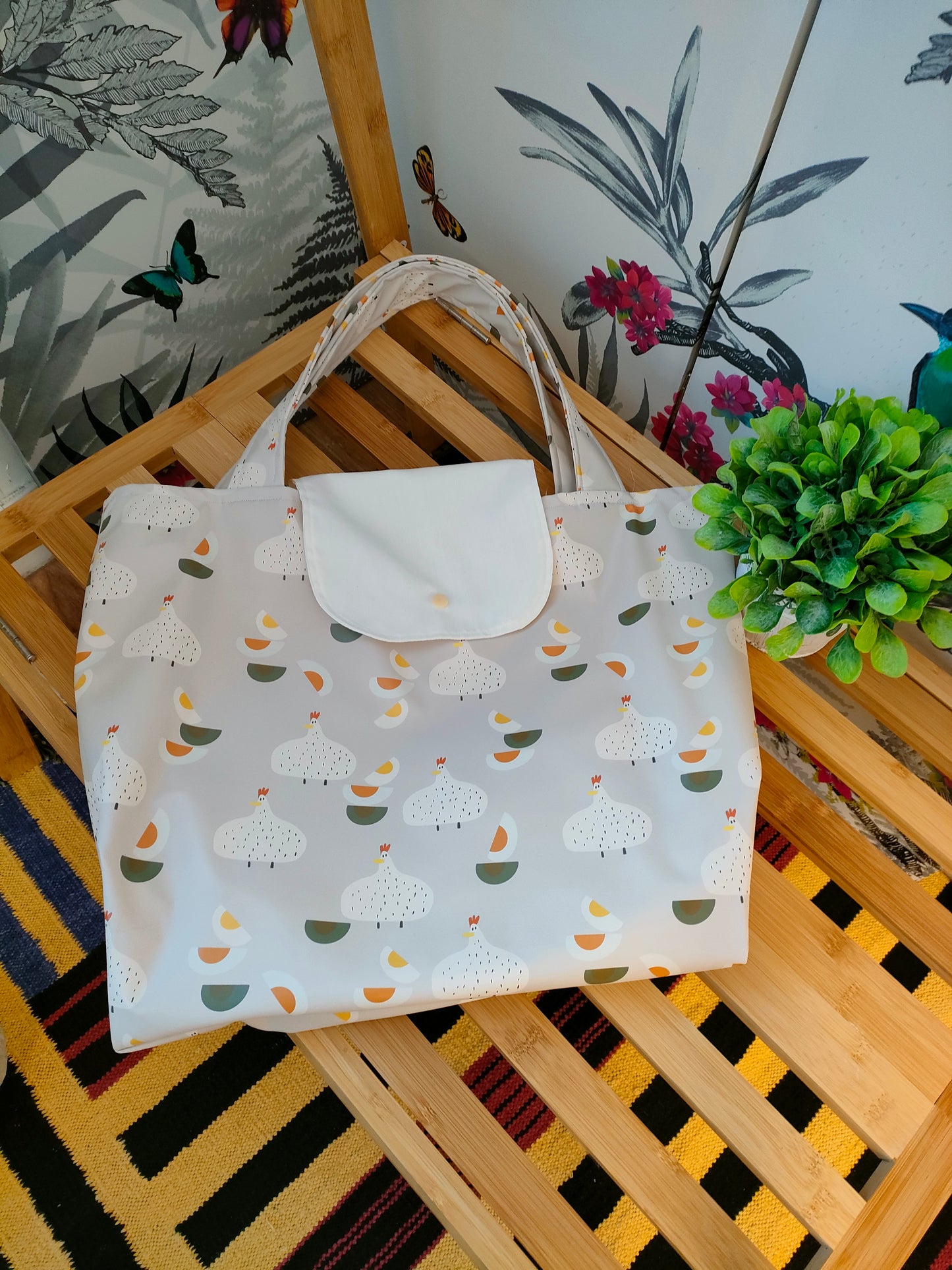 Chicken and Egg Shower Resistant Tote Bag with Inside Pocket, Fully Lined with Shoulder Strap, Everyday Shopping tote Bag, Gift for Chicken Lovers.