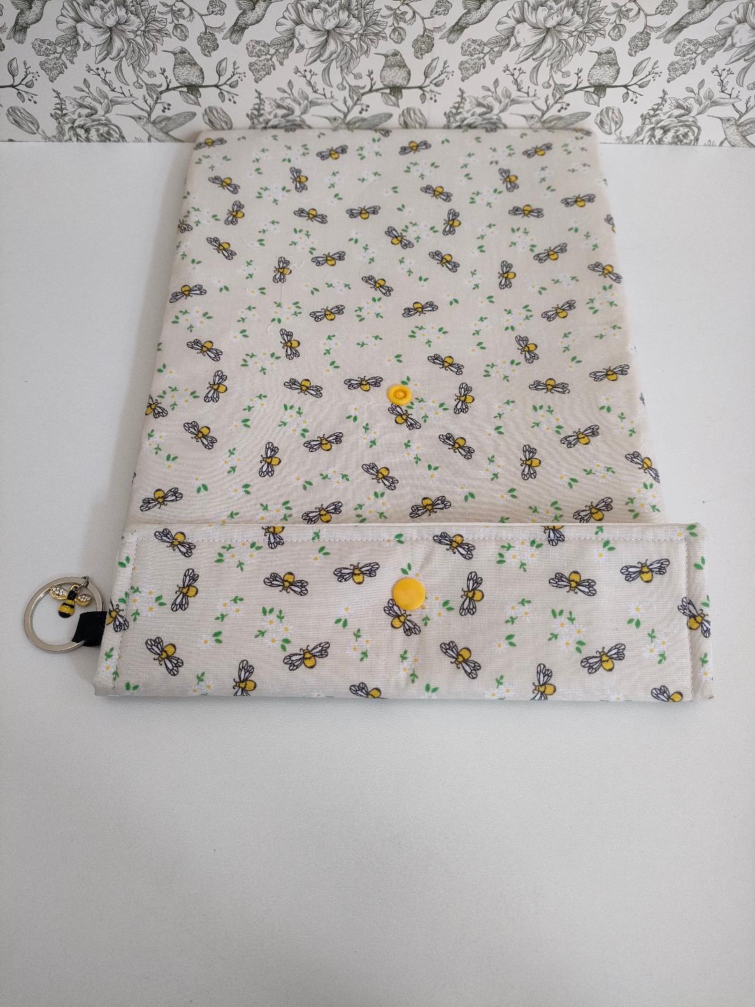 Adjustable Book Sleeve, Handmade Padded Protective Book Cosy, Yellow Bee Print Fabric Tablet Pouch, Holiday Book Essentials, Cute Bee Gifts