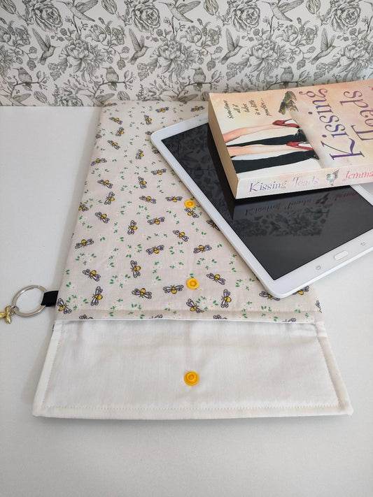 Adjustable Book Sleeve, Handmade Padded Protective Book Cosy, Yellow Bee Print Fabric Tablet Pouch, Holiday Book Essentials, Cute Bee Gifts