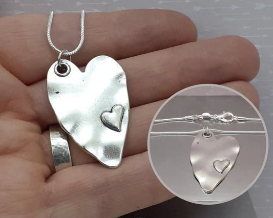 Large Heart Pendant, Silver Alloy Heart Necklace, Silver 925 Chain, Large Heart Chain.