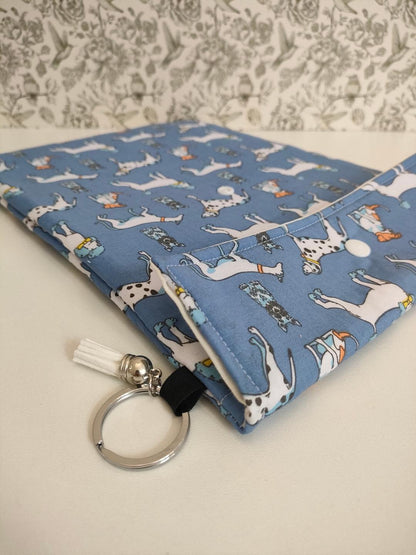 Adjustable Book Sleeve In Blue, Handmade Padded Protective Book Cosy, Dog Themed Animal Print Fabric Tablet Pouch, Holiday Book Essentials