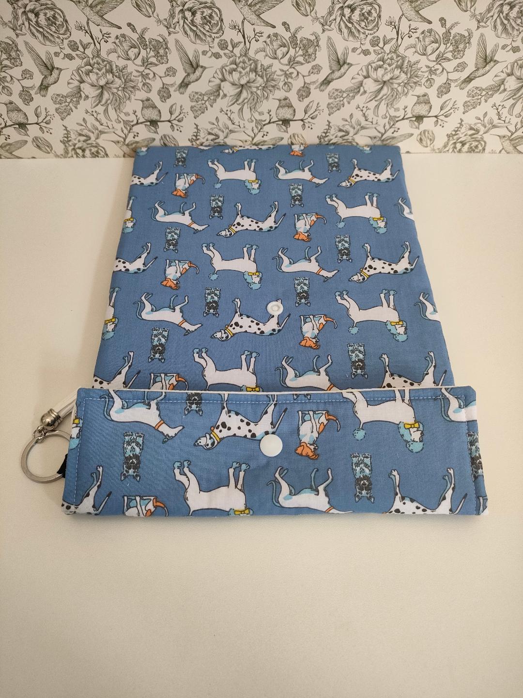 Adjustable Book Sleeve In Blue, Handmade Padded Protective Book Cosy, Dog Themed Animal Print Fabric Tablet Pouch, Holiday Book Essentials