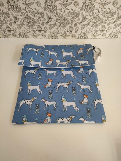 Adjustable Book Sleeve In Blue, Handmade Padded Protective Book Cosy, Dog Themed Animal Print Fabric Tablet Pouch, Holiday Book Essentials