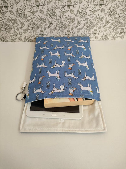 Adjustable Book Sleeve In Blue, Handmade Padded Protective Book Cosy, Dog Themed Animal Print Fabric Tablet Pouch, Holiday Book Essentials