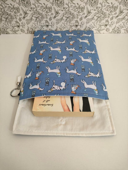 Adjustable Book Sleeve In Blue, Handmade Padded Protective Book Cosy, Dog Themed Animal Print Fabric Tablet Pouch, Holiday Book Essentials