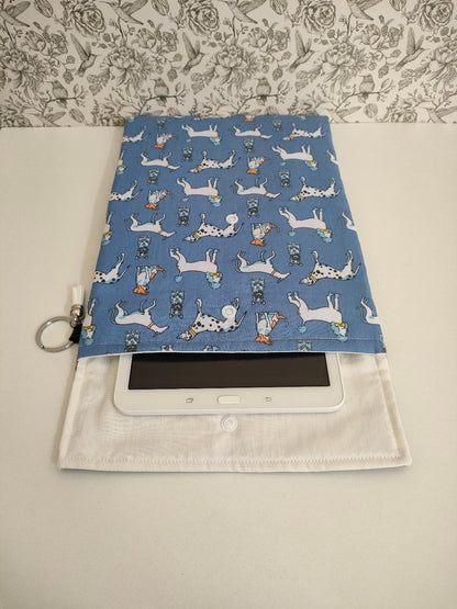 Adjustable Book Sleeve In Blue, Handmade Padded Protective Book Cosy, Dog Themed Animal Print Fabric Tablet Pouch, Holiday Book Essentials