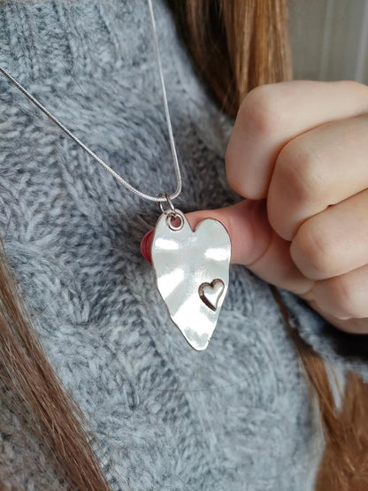 Large Heart Pendant, Silver Alloy Heart Necklace, Silver 925 Chain, Large Heart Chain.