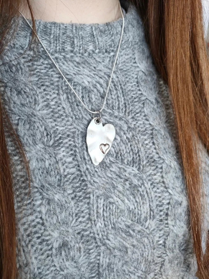 Large Heart Pendant, Silver Alloy Heart Necklace, Silver 925 Chain, Large Heart Chain.