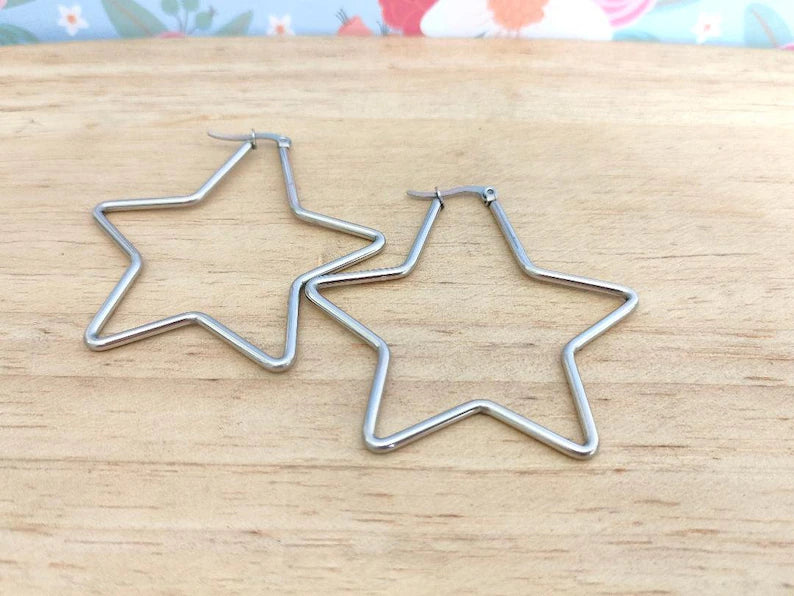 Oversized Stainless Steel 201 Hypoallergenic Star Hoops, Large Silver Hoop