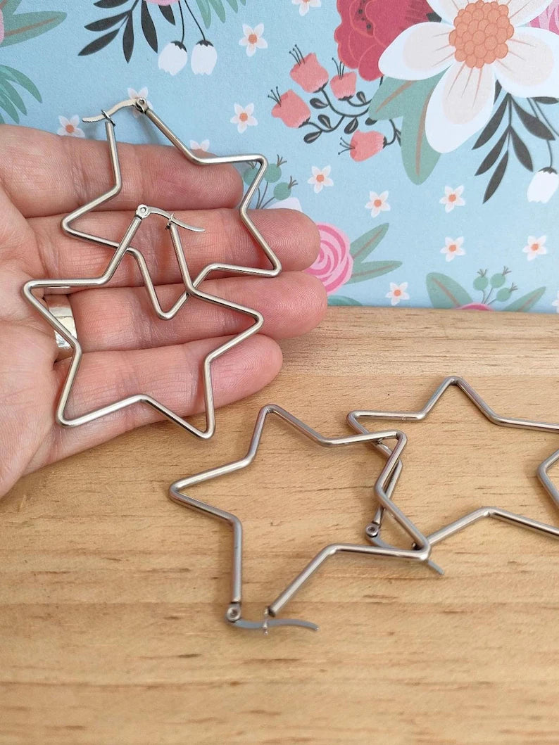 Oversized Stainless Steel 201 Hypoallergenic Star Hoops, Large Silver Hoop