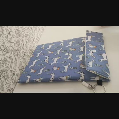 Adjustable Book Sleeve In Blue, Handmade Padded Protective Book Cosy, Dog Themed Animal Print Fabric Tablet Pouch, Holiday Book Essentials