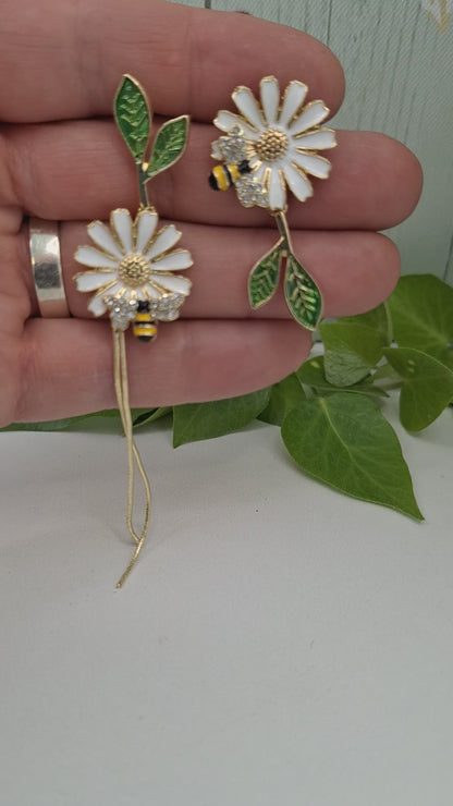 Daisy and Bee Enamel Asymmetric Earrings with Long Tassel