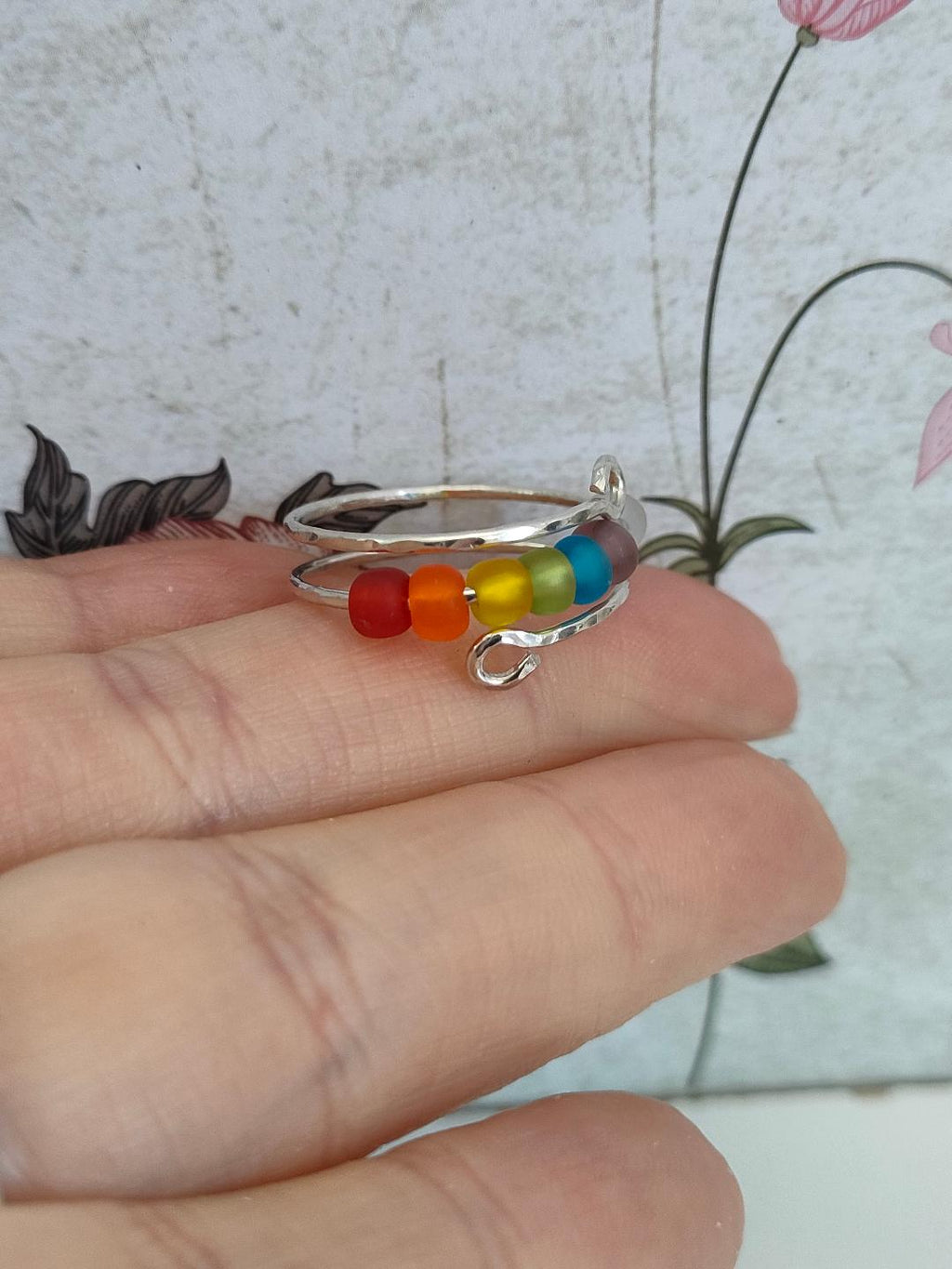 Fidget Thumb Ring, 925 Sterling Silver wire & balls, hand hammered texture ring, Rainbow Glass Anxiety Ring. (1mm thick)
