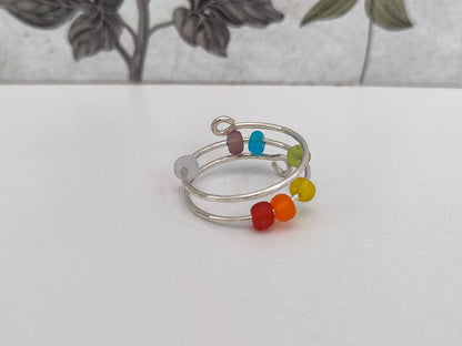 Fidget Thumb Ring, 925 Sterling Silver wire & balls, hand hammered texture ring, Rainbow Glass Anxiety Ring. (1mm thick)