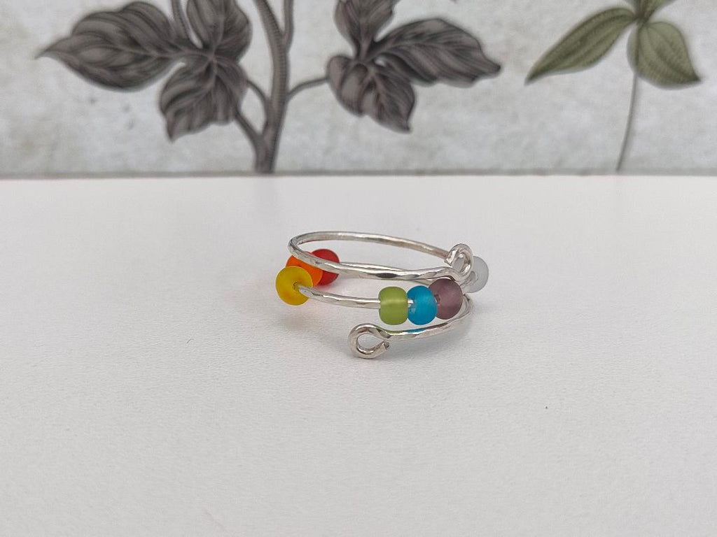 Fidget Thumb Ring, 925 Sterling Silver wire & balls, hand hammered texture ring, Rainbow Glass Anxiety Ring. (1mm thick)