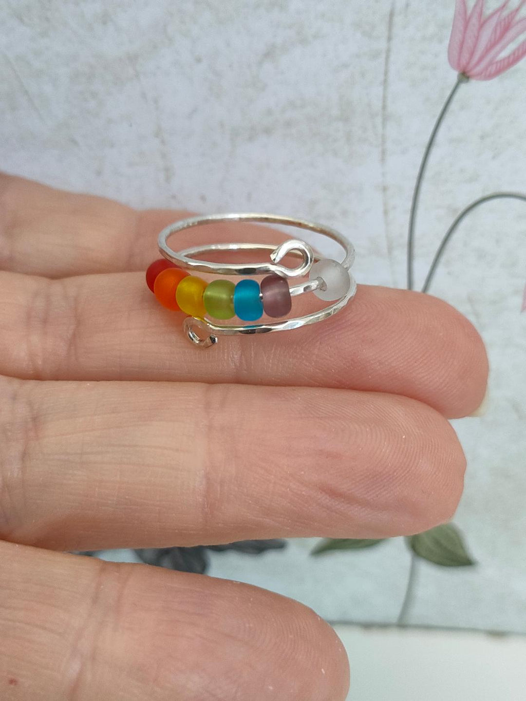 Fidget Thumb Ring, 925 Sterling Silver wire & balls, hand hammered texture ring, Rainbow Glass Anxiety Ring. (1mm thick)