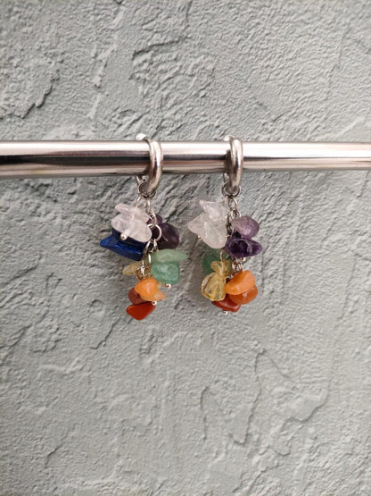 Natural Mixed Gemstone Cluster Hoop Earrings, Multi coloured Drop Earrings, Women's Hippy Cluster Jewellery