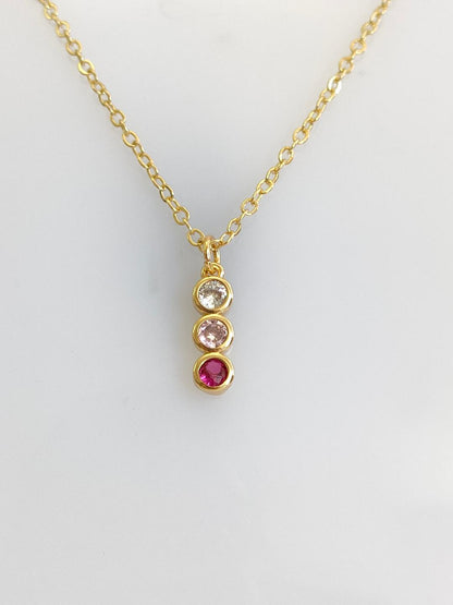 Trio of colour CZ Necklace, Tiny Round CZ Pendant Necklace, Dainty Gold Chain Layered Necklace, Garnet, Clear Gem, Pink stone Necklace