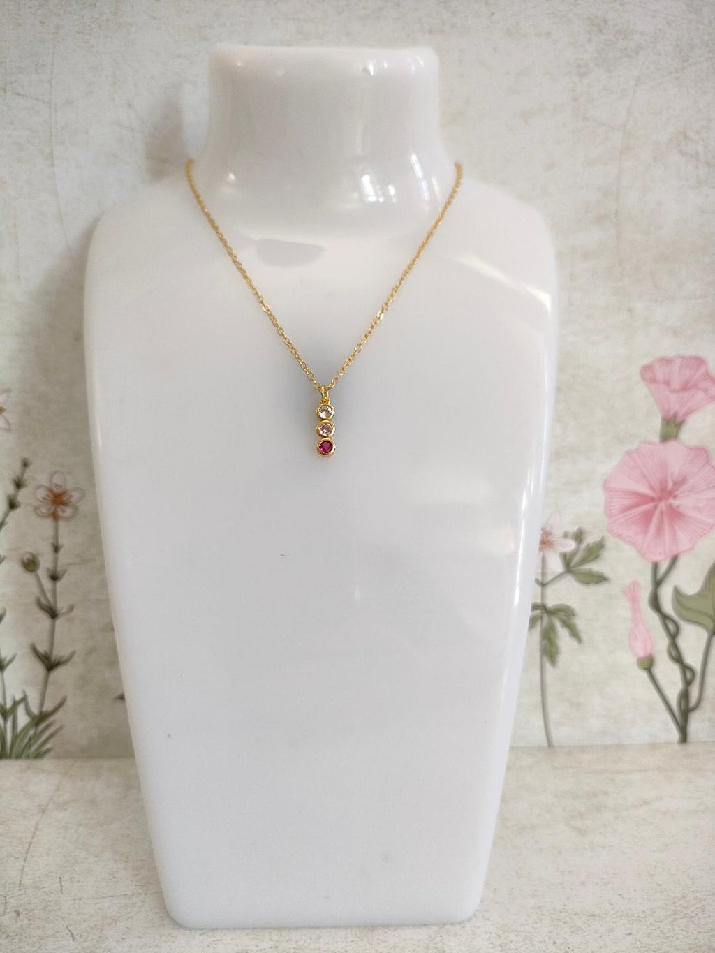 Trio of colour CZ Necklace, Tiny Round CZ Pendant Necklace, Dainty Gold Chain Layered Necklace, Garnet, Clear Gem, Pink stone Necklace