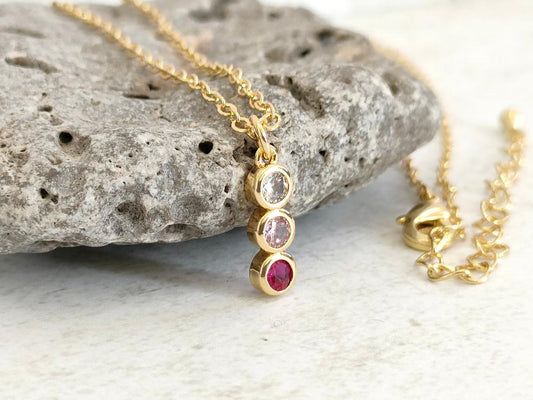 Trio of colour CZ Necklace, Tiny Round CZ Pendant Necklace, Dainty Gold Chain Layered Necklace, Garnet, Clear Gem, Pink stone Necklace