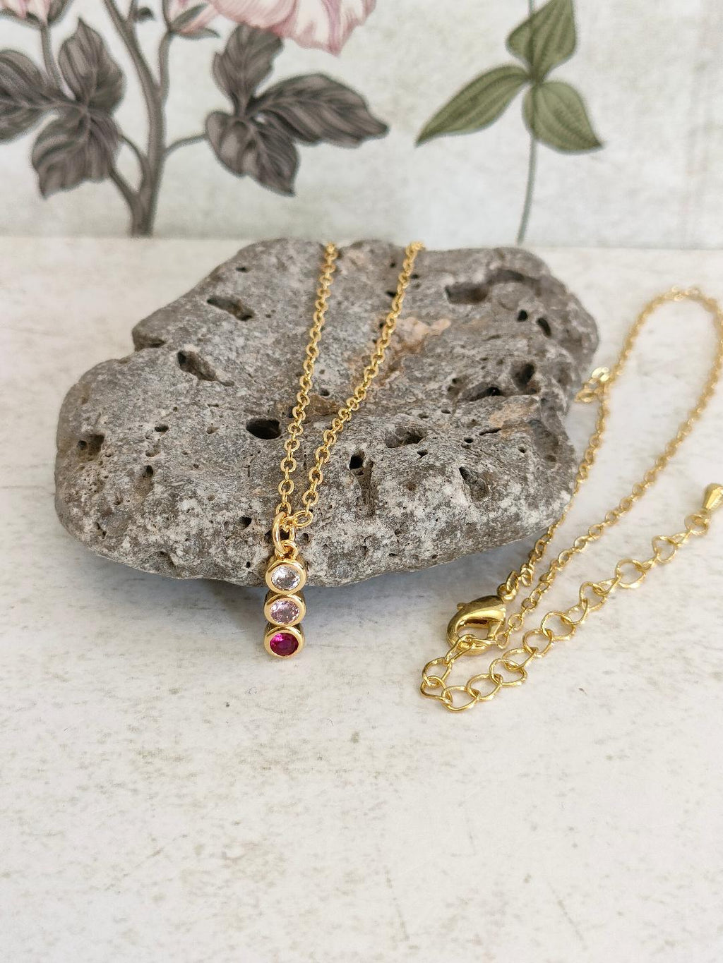 Trio of colour CZ Necklace, Tiny Round CZ Pendant Necklace, Dainty Gold Chain Layered Necklace, Garnet, Clear Gem, Pink stone Necklace
