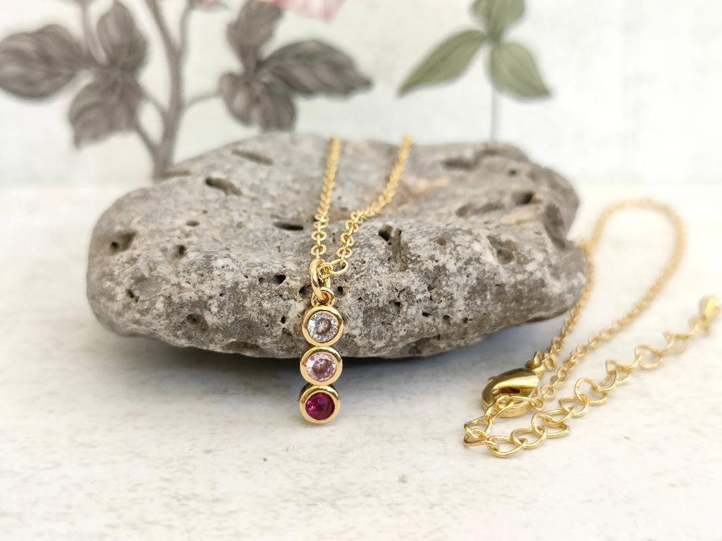 Trio of colour CZ Necklace, Tiny Round CZ Pendant Necklace, Dainty Gold Chain Layered Necklace, Garnet, Clear Gem, Pink stone Necklace