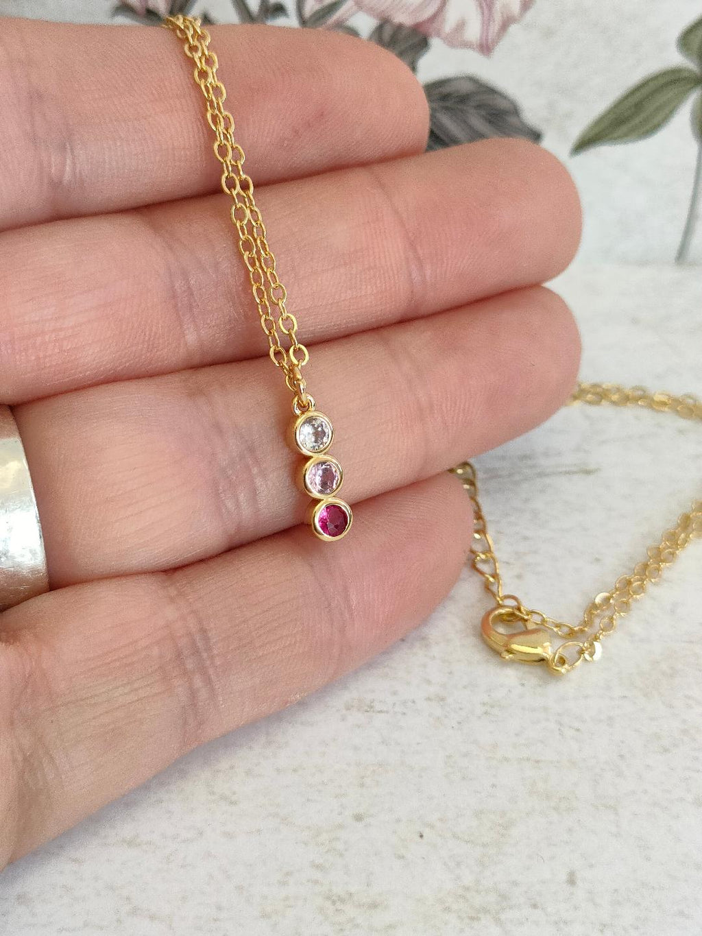 Trio of colour CZ Necklace, Tiny Round CZ Pendant Necklace, Dainty Gold Chain Layered Necklace, Garnet, Clear Gem, Pink stone Necklace