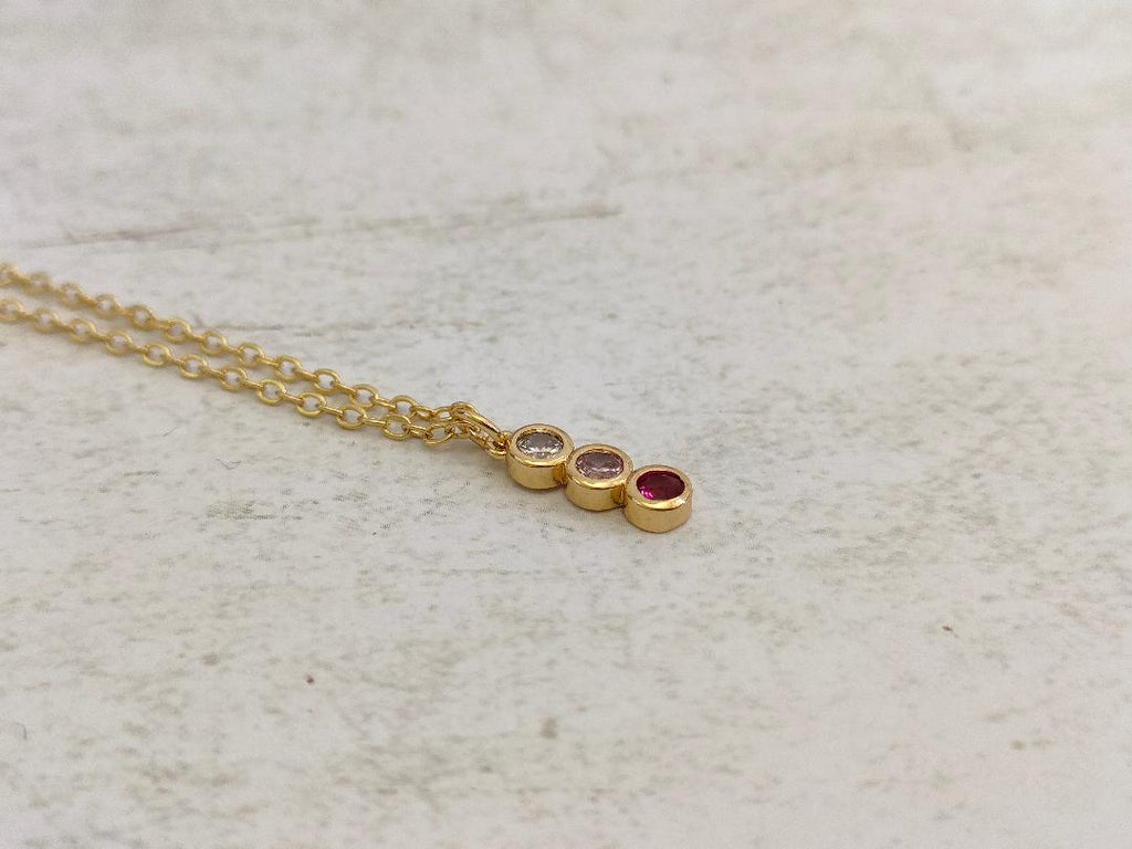 Trio of colour CZ Necklace, Tiny Round CZ Pendant Necklace, Dainty Gold Chain Layered Necklace, Garnet, Clear Gem, Pink stone Necklace