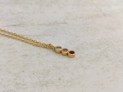 Trio of colour CZ Necklace, Tiny Round CZ Pendant Necklace, Dainty Gold Chain Layered Necklace, Garnet, Clear Gem, Pink stone Necklace