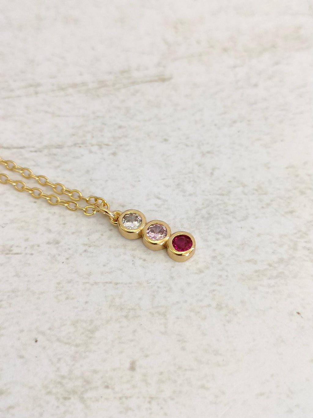 Trio of colour CZ Necklace, Tiny Round CZ Pendant Necklace, Dainty Gold Chain Layered Necklace, Garnet, Clear Gem, Pink stone Necklace