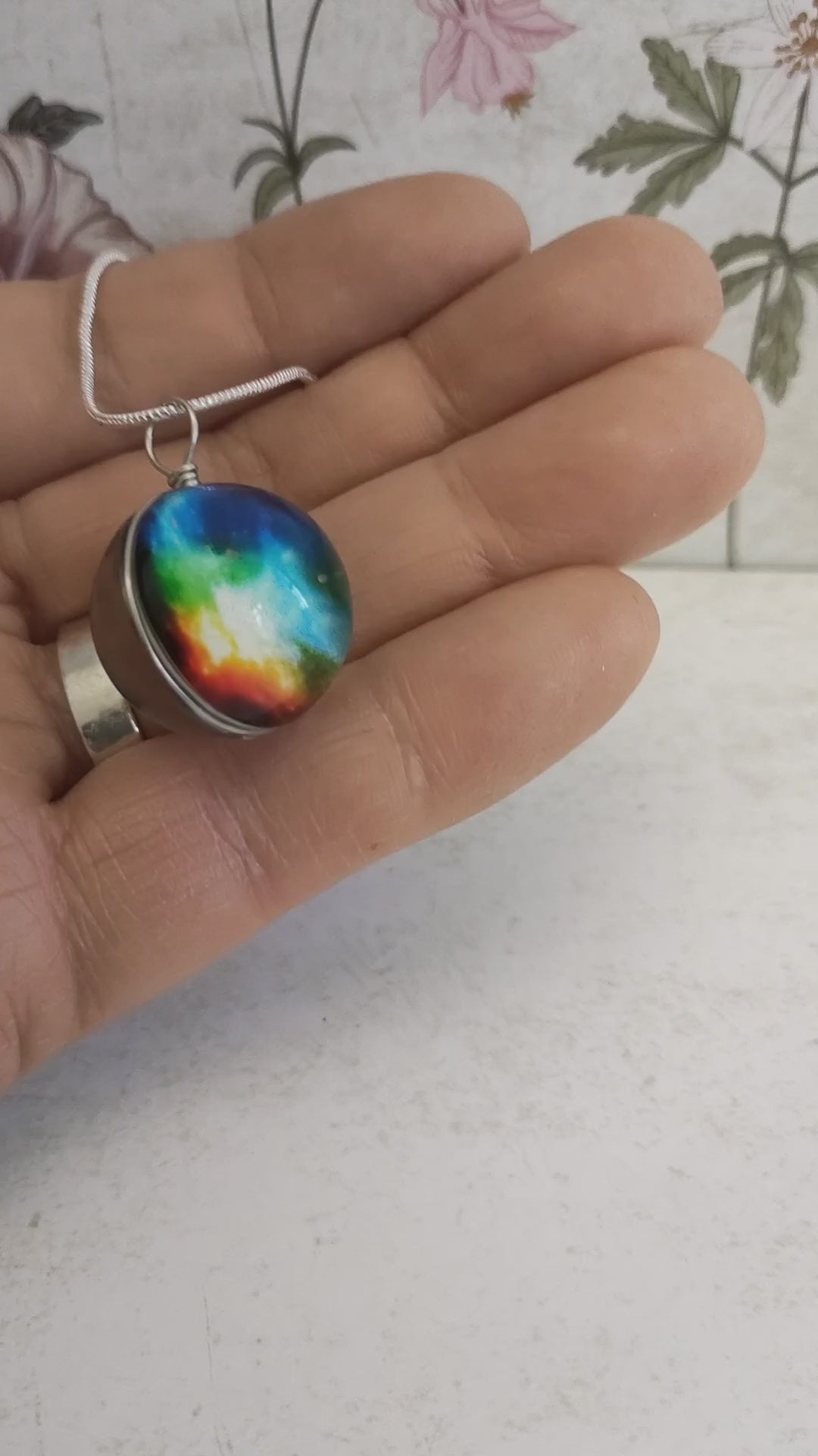 Rainbow Pendant, Wire wrapped Glass Globe Necklace, Glass Silver Pendant, Galaxy Themed Necklaces, Glass Ball Jewellery, Gift for Mum.