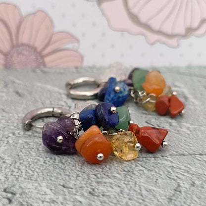 Natural Mixed Gemstone Cluster Hoop Earrings, Multi coloured Drop Earrings, Women's Hippy Cluster Jewellery