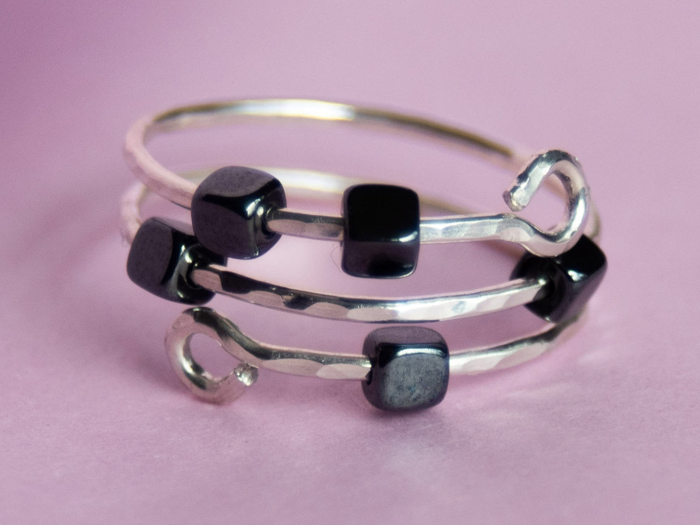 925 Silver Thumb Fidget ring, Anxiety Ring, Skin Picking Ring with 5x Hematite Square Beads, Stress Ring, Positive energy Anxiety Ring.