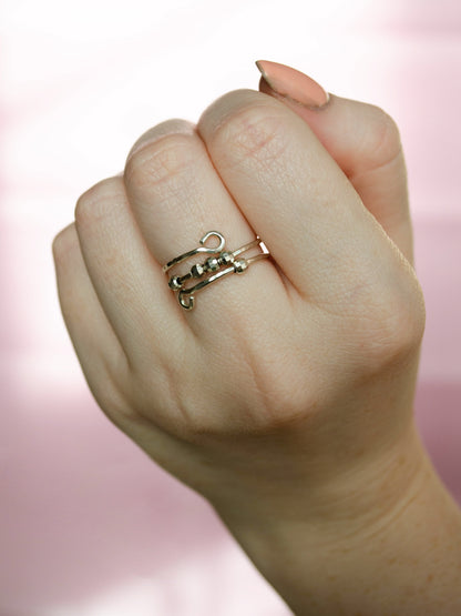 Fidget Thumb Ring, 925 Sterling Silver wire & Square balls, hand hammered texture ring, Anxiety Ring. Mood Ring for Stress (1mm thick)