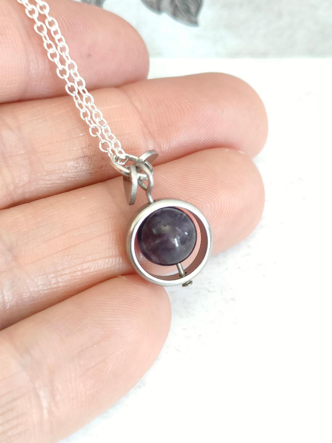 Fidget Necklaces, Amethyst Beed Fidget Jewellery with Stainless Steel Hearts, Worry Jewellery.