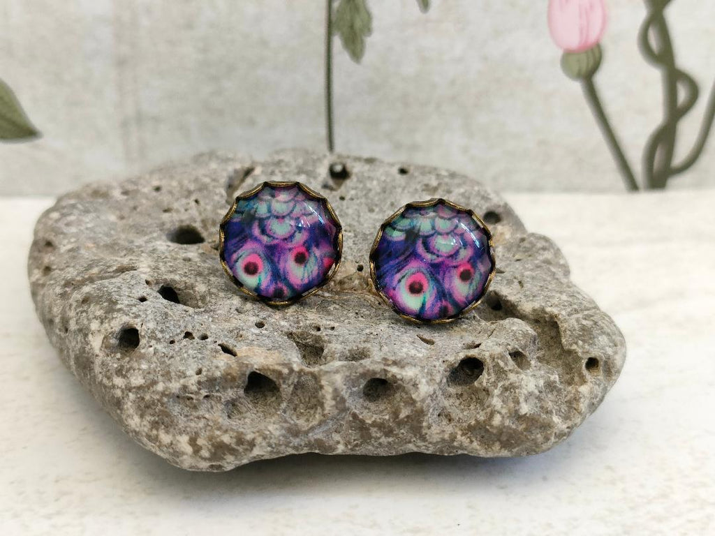 Antique Bronze Peacock Stud Earrings with 12mm Purple Glass Dome for Women, Elegant Purple Glass Dome Peacock Stud Earrings, Bird Lover Gift