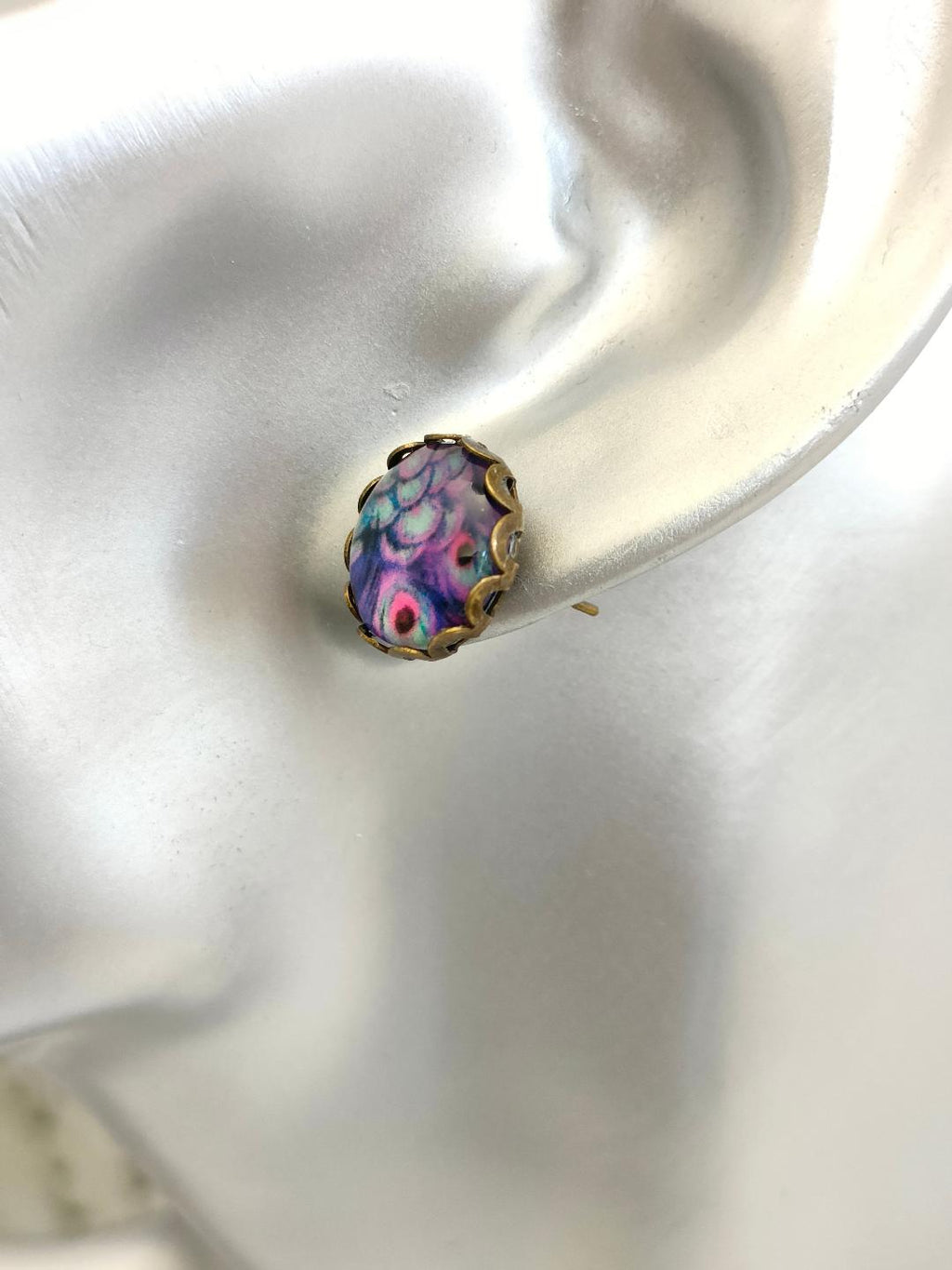 Antique Bronze Peacock Stud Earrings with 12mm Purple Glass Dome for Women, Elegant Purple Glass Dome Peacock Stud Earrings, Bird Lover Gift