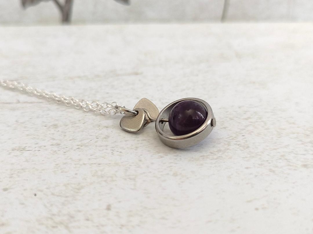 Fidget Necklaces, Amethyst Beed Fidget Jewellery with Stainless Steel Hearts, Worry Jewellery.