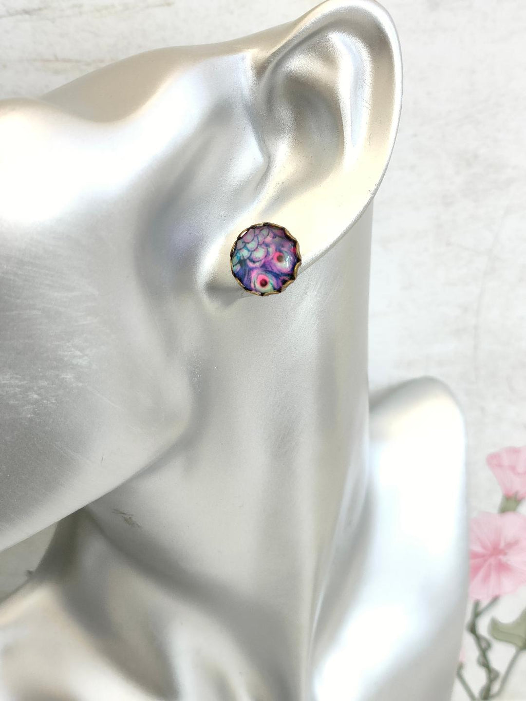 Antique Bronze Peacock Stud Earrings with 12mm Purple Glass Dome for Women, Elegant Purple Glass Dome Peacock Stud Earrings, Bird Lover Gift