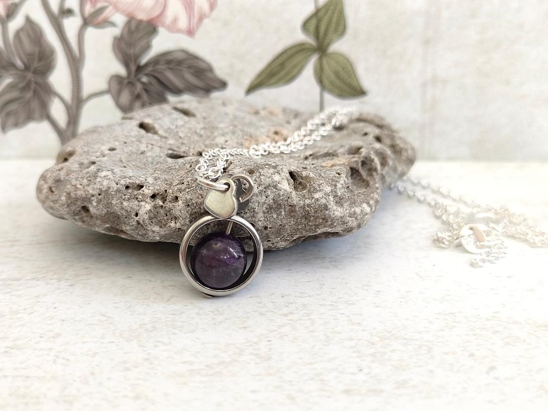 Fidget Necklaces, Amethyst Beed Fidget Jewellery with Stainless Steel Hearts, Worry Jewellery.