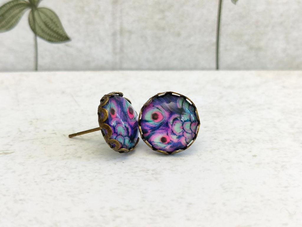 Antique Bronze Peacock Stud Earrings with 12mm Purple Glass Dome for Women, Elegant Purple Glass Dome Peacock Stud Earrings, Bird Lover Gift