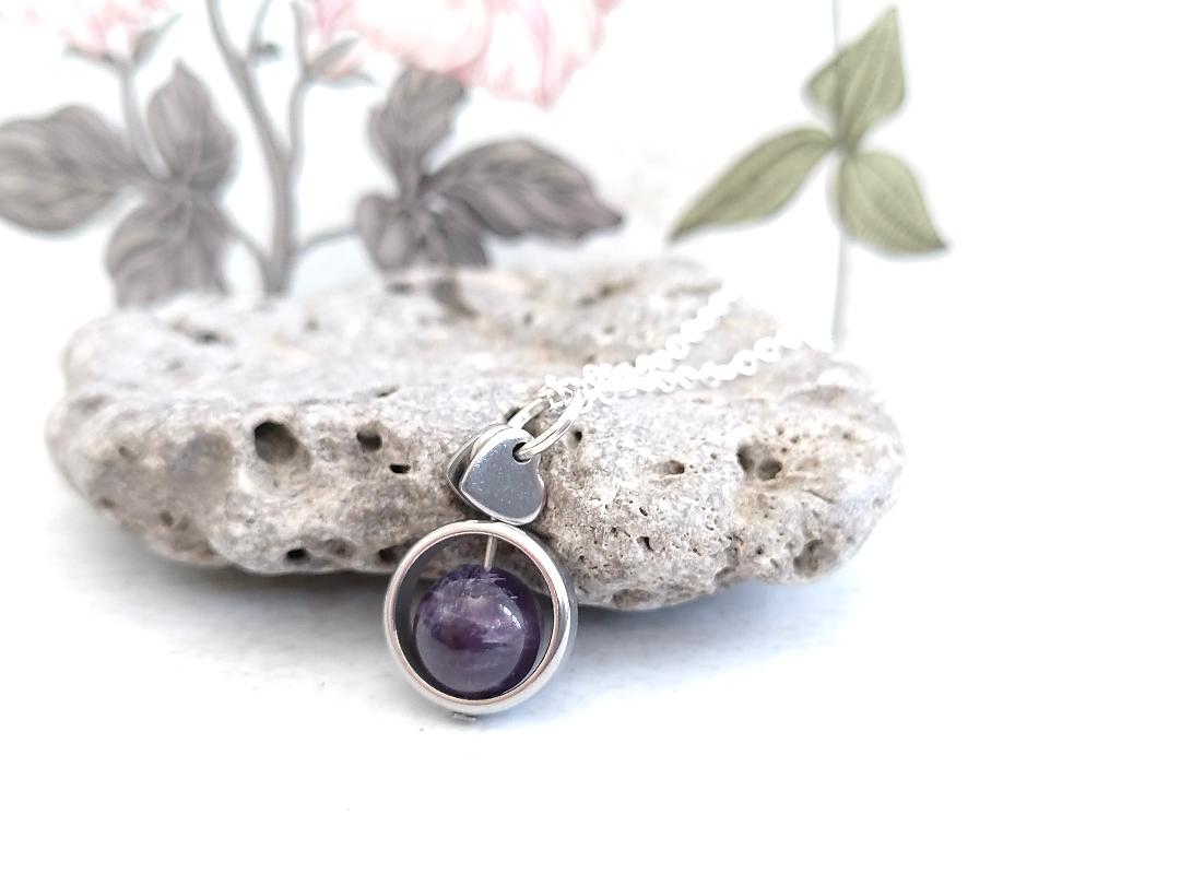 Fidget Necklaces, Amethyst Beed Fidget Jewellery with Stainless Steel Hearts, Worry Jewellery.