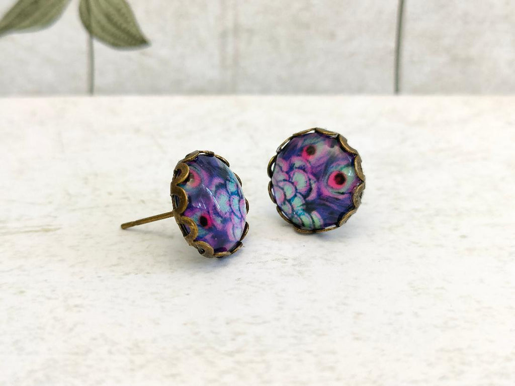 Antique Bronze Peacock Stud Earrings with 12mm Purple Glass Dome for Women, Elegant Purple Glass Dome Peacock Stud Earrings, Bird Lover Gift