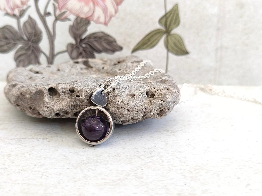 Fidget Necklaces, Amethyst Beed Fidget Jewellery with Stainless Steel Hearts, Worry Jewellery.