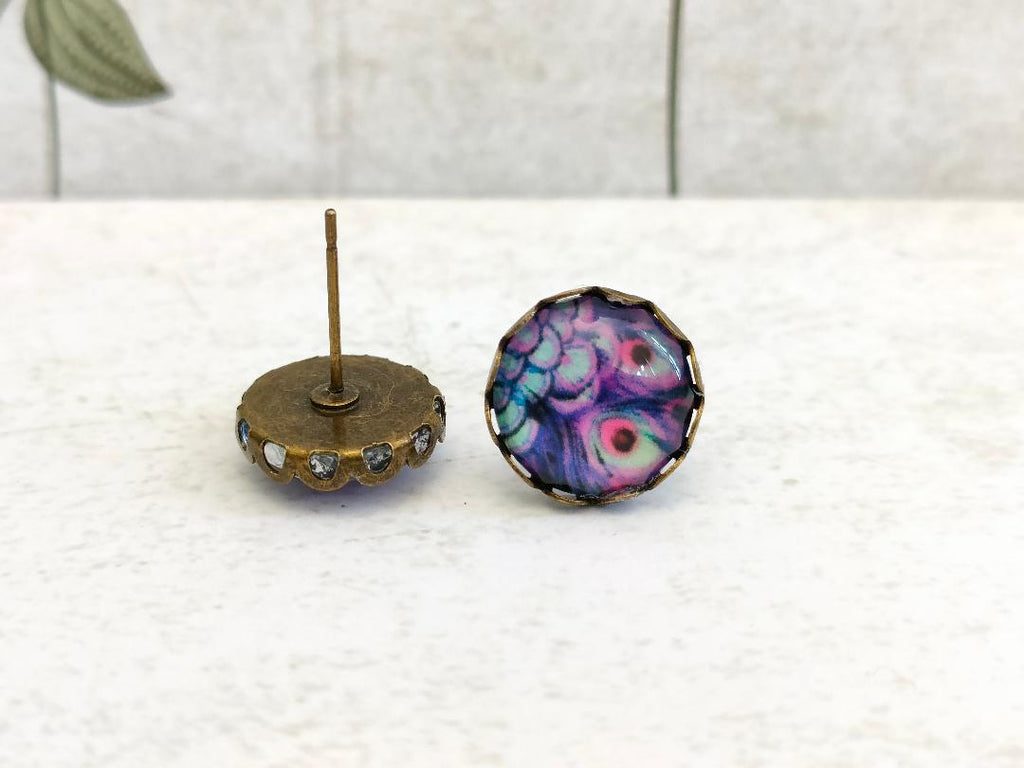 Antique Bronze Peacock Stud Earrings with 12mm Purple Glass Dome for Women, Elegant Purple Glass Dome Peacock Stud Earrings, Bird Lover Gift